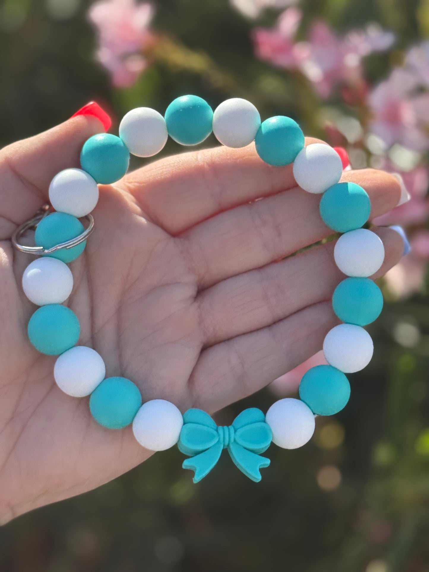 White + Turquoise Bow - Wristlet